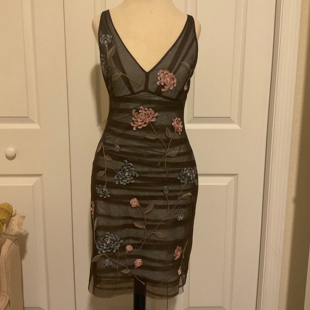 BCBG MaxAzria Embroidered Chocolate Ruched Tulle w/ Baby Blue Lining Dress Sz 6